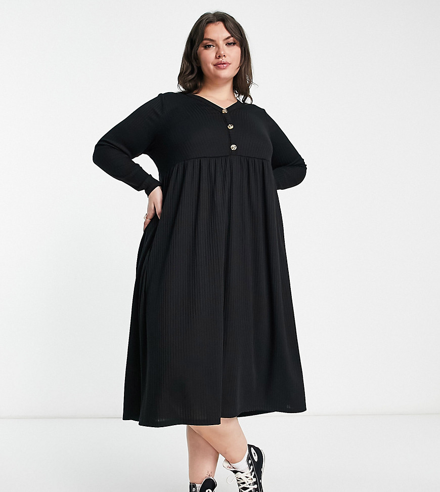 Yours Long Sleeve Ribbed Button Up Midi Dress In Black