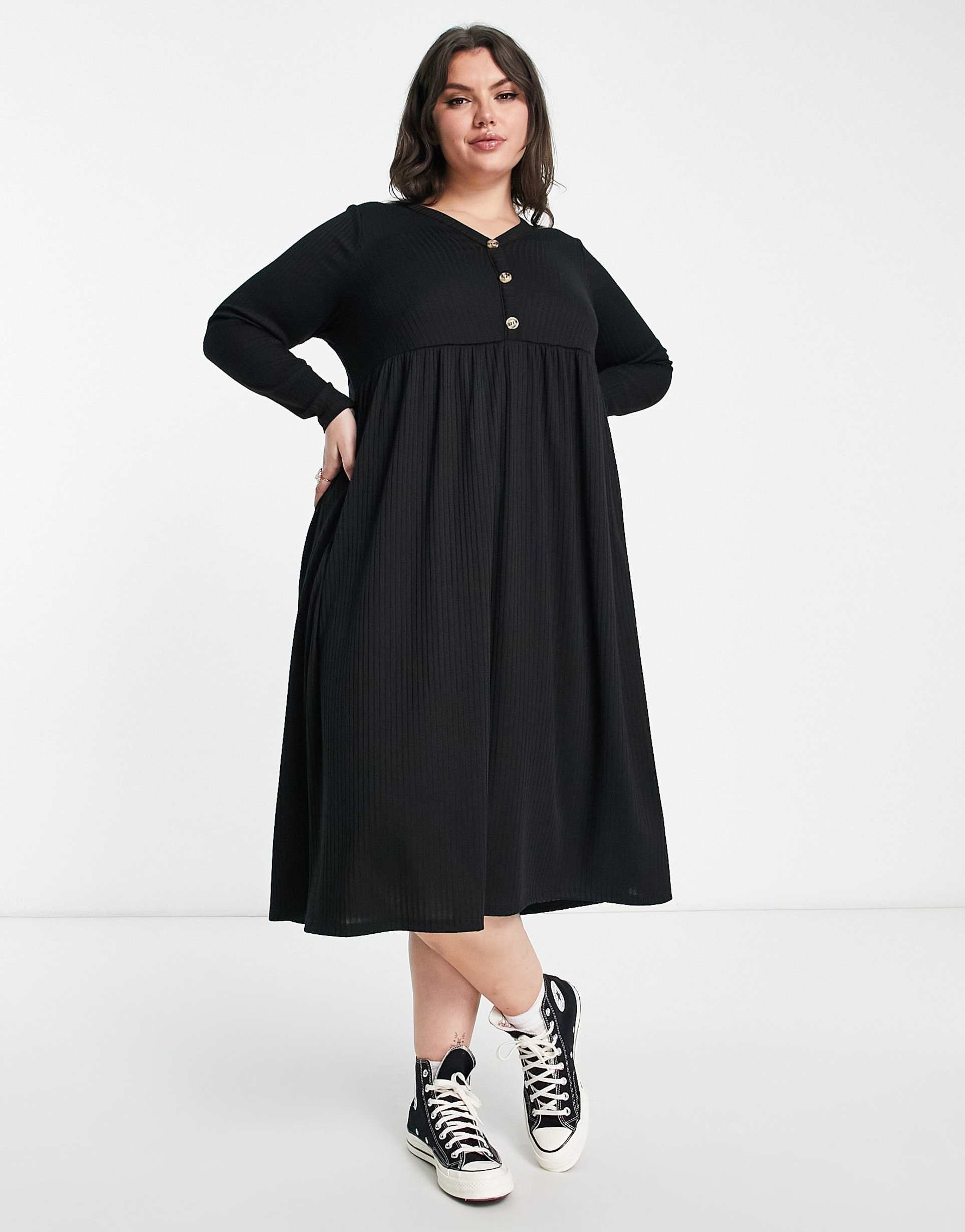 yours long sleeve ribbed button up midi dress in black