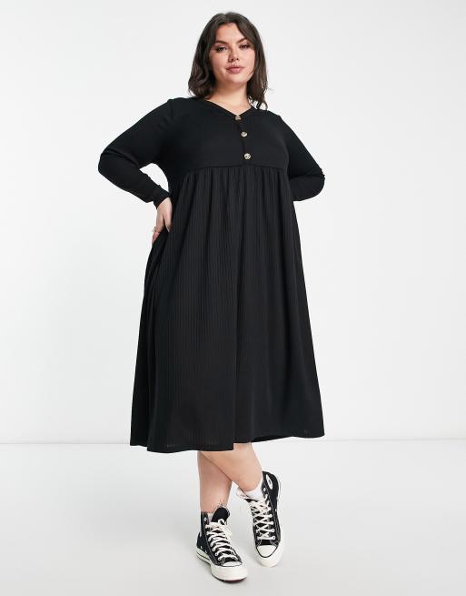 Yours long sleeve ribbed button up midi dress in black ASOS