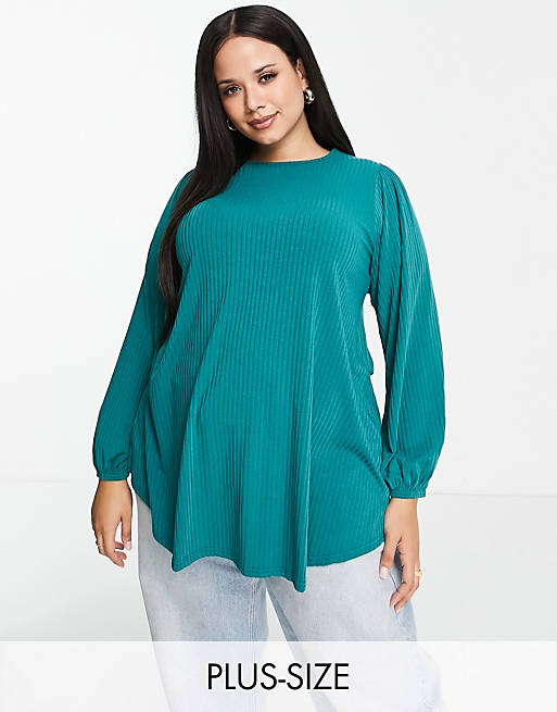  Yours long sleeve ribbed swing top in green 