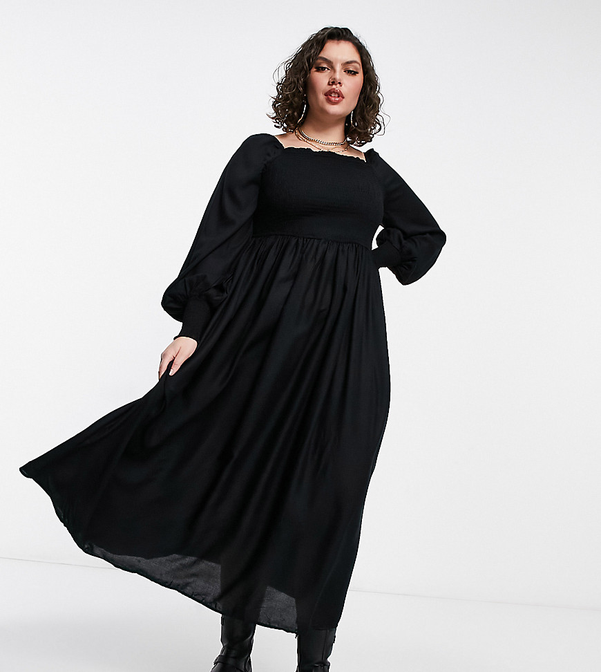 Yours long sleeve shirred detail maxi dress in black
