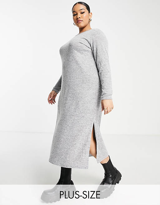  Yours long sleeve t-shirt dress with side split in light grey 