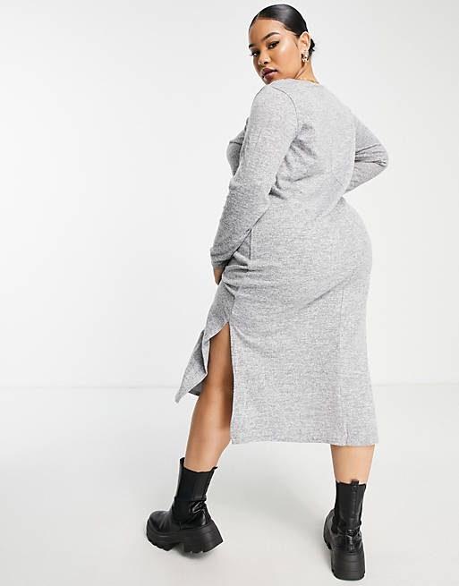  Yours long sleeve t-shirt dress with side split in light grey 