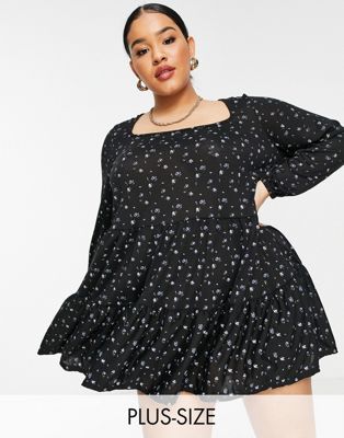 Yours long sleeve tiered smock dress in black ditsy floral