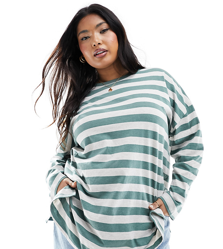 Yours Long Sleeve Top In Green Stripe