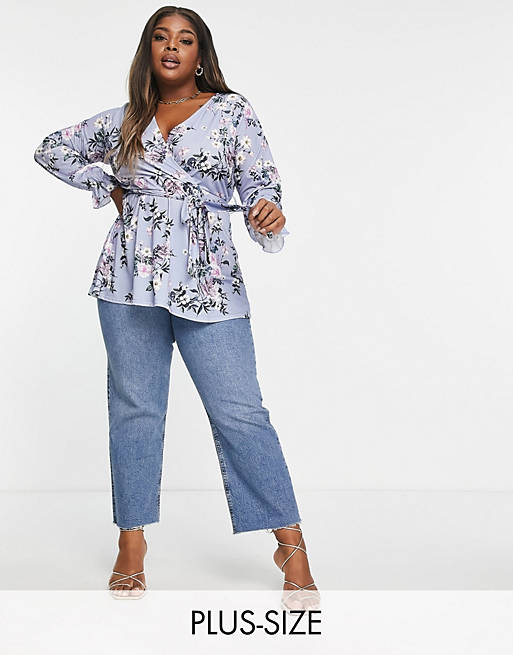 Yours long sleeve wrap top in blue floral