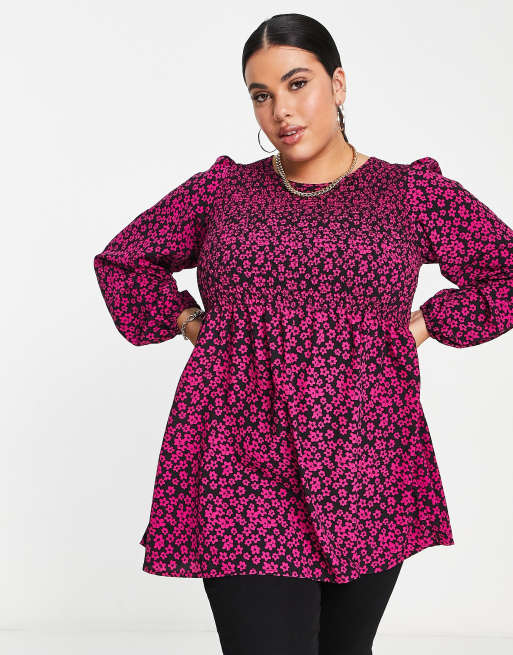 Yours long sleeved floral printed shirred smock top in pink | ASOS