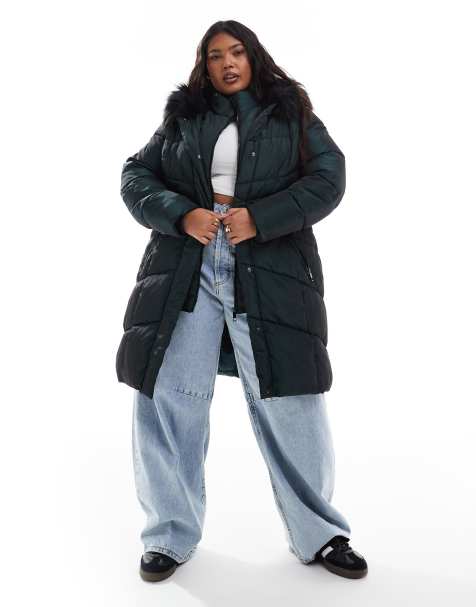 Yours longline padded coat with faux fur hood in dark green - view 1