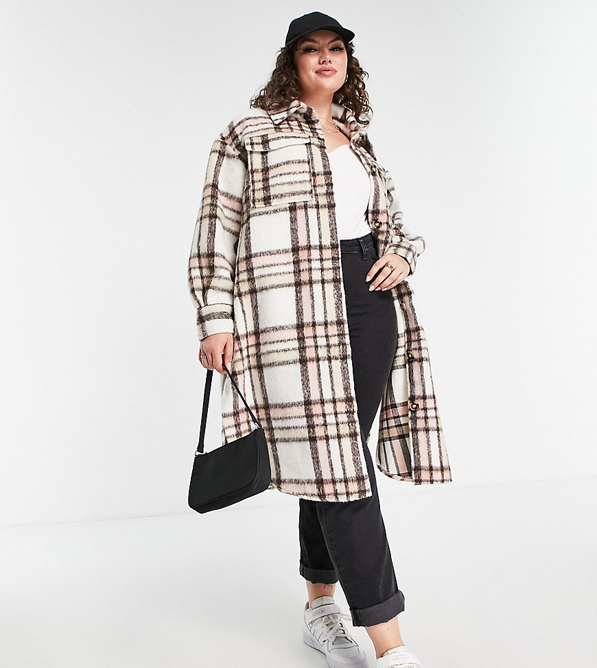 Yours longline shacket in neutral plaid