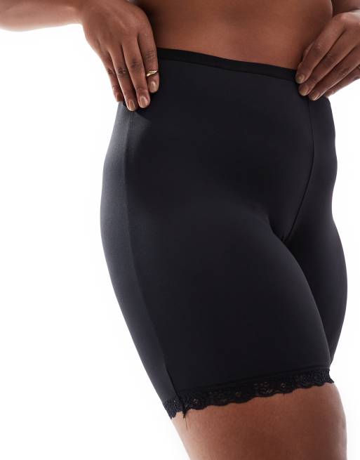 Yours – Longline-Slip zum Formen der Oberschenkel in Schwarz mit Spitzenbesatz