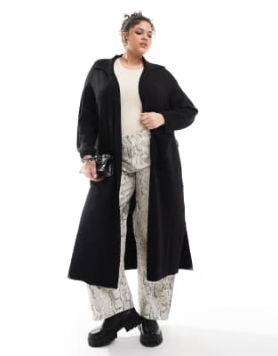 Yours - Longline-Strickjacke in Schwarz mit Kragen