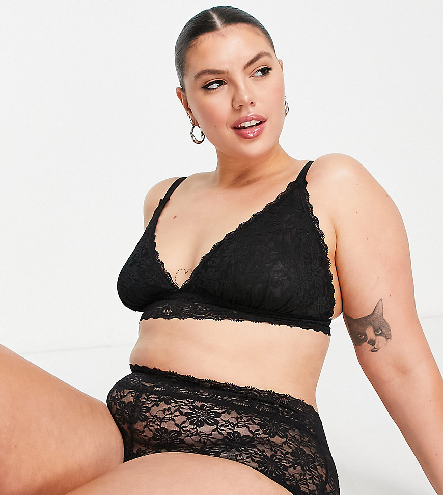Yours Lounge Lace Triangle Bra Set In Black
