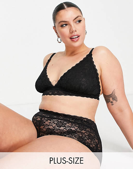 Yours lounge lace triangle bra set in black