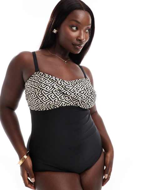 Yours - Maillot 1 pièce effet contrastant à encolure bandeau - Noir/imprimé géométrique - view 1