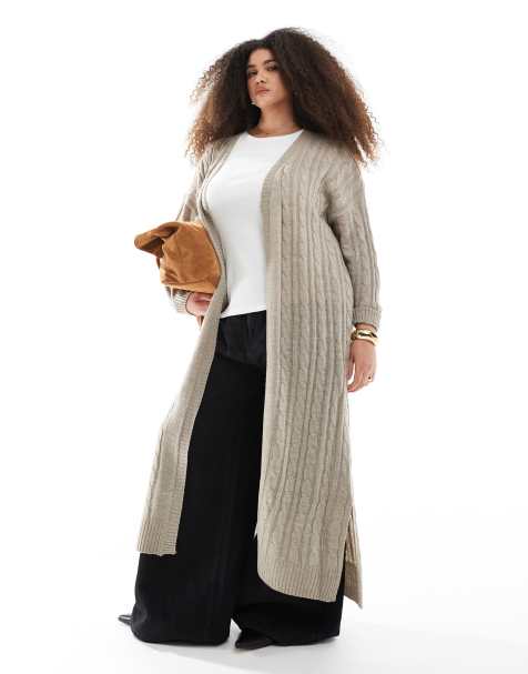 Yours maxi cable knit cardigan in beige