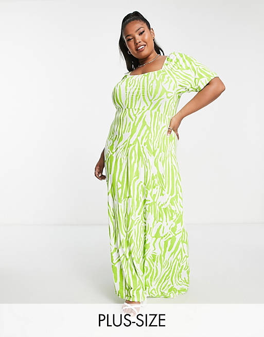 Yours - Maxi jurk met vierkante hals in groene zebraprint