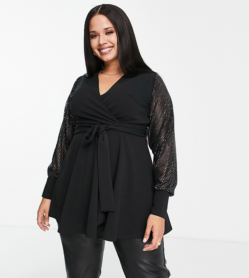 Yours mesh glitter sleeve wrap top in black