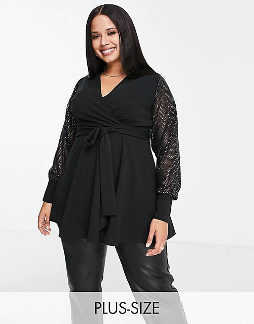 Tops Yours mesh glitter sleeve wrap top in black 