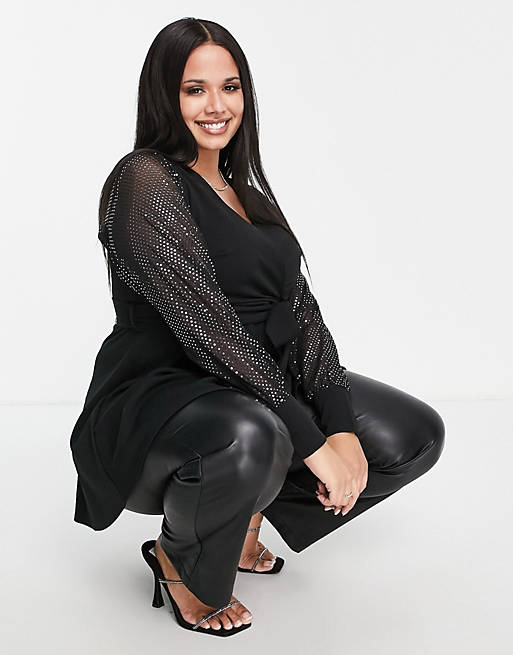  Yours mesh glitter sleeve wrap top in black 
