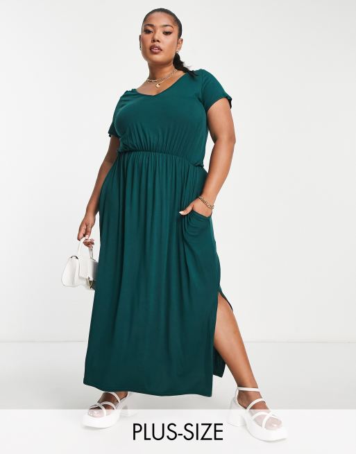 Yours – Midi-Hängerkleid in Dunkelgrün mit Taschen
