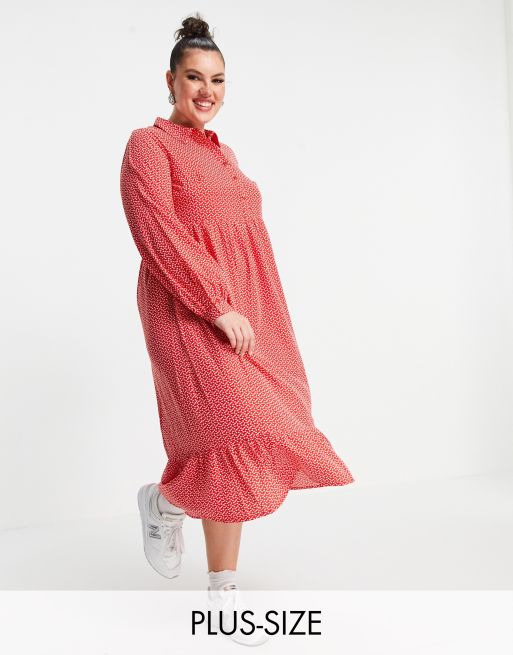 Yours – Midi-Hemdblusenkleid in Rot mit Herzmuster
