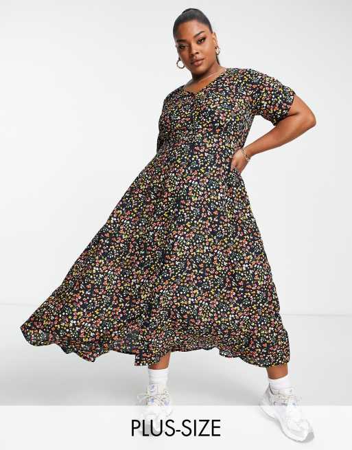 Yours - Midi-jurk met gerimpelde mouwen in marineblauw met fijne bloemenprint