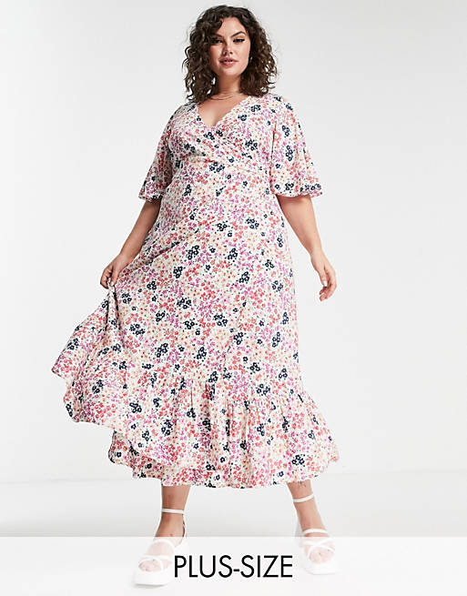 Yours - Midi-jurk met overslag, gelaagde zoom en fijne bloemenprint in wit