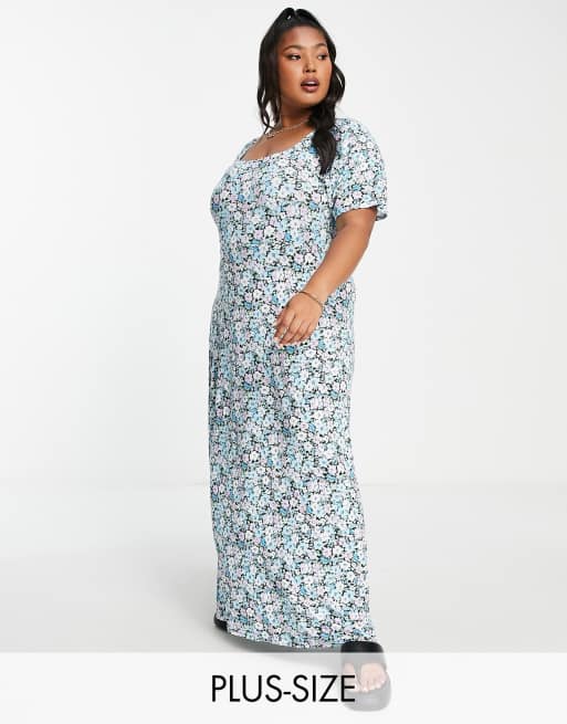 Yours - Midi-jurk met vierkante hals en fijne bloemenprint in blauw