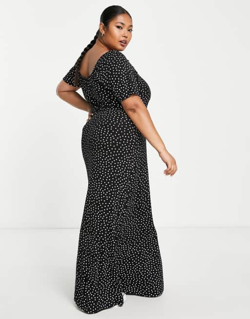Yours - Midi-jurk met vierkante hals in zwart met stippenprint, 2 van 4
