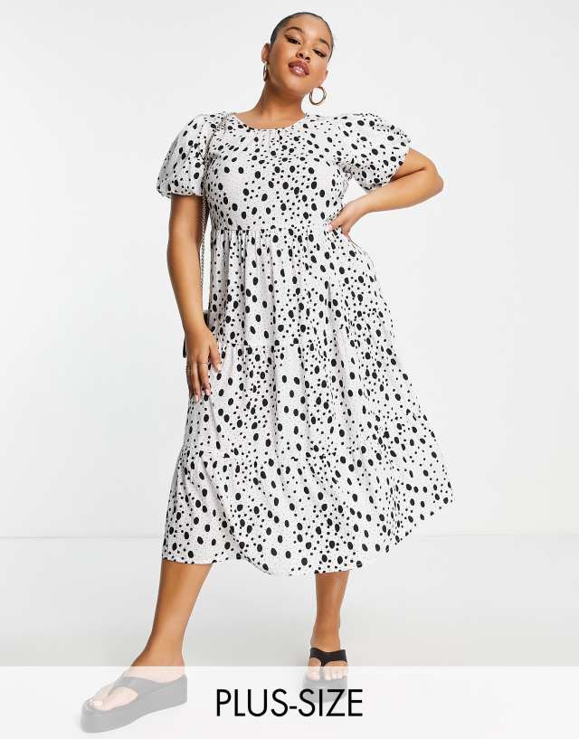 Yours midi scoop neck tiered dress in mono spot print