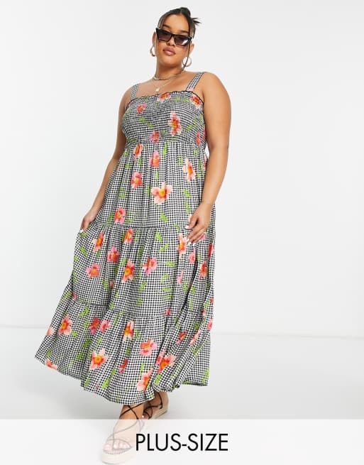 Yours - Midi smockjurk met bandjes, stroken en gingham ruit met bloemen in wit