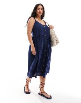 Yours - Midi-Sommerkleid in Marineblau aus Leinen