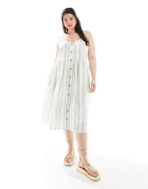 Yours – Midi-Sommerkleid in Salbeigrün mit Streifen aus Leinen - view 1