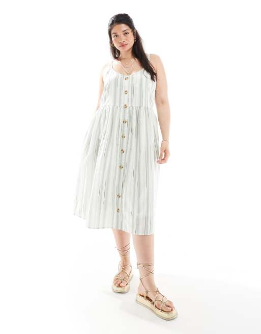 Yours – Midi-Sommerkleid in Salbeigrün mit Streifen aus Leinen