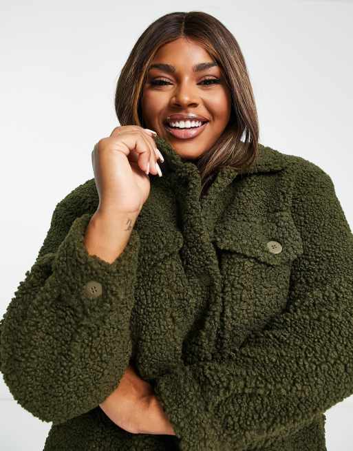 Yours midi teddy coat in dark green ASOS