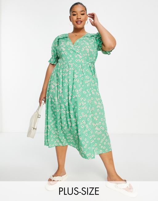 Yours – Midi-Wickelkleid in Grün mit Gänseblümchenmuster