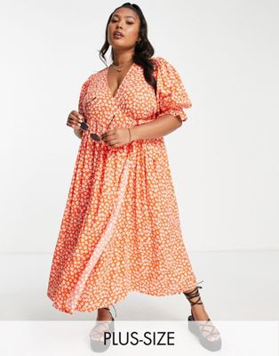 Yours midi wrap dress in orange ditsy floral