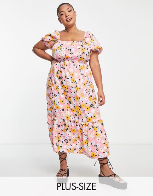 Yours – Midikleid mit Puffärmeln in Orange mit Blumenmuster und eckigem Ausschnitt