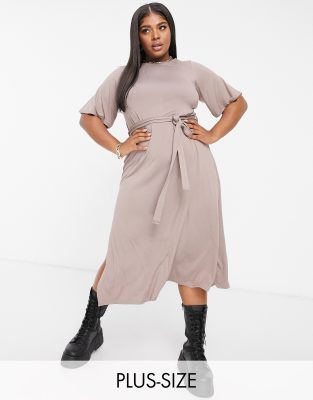 Yours Midikleid mit Schnürung an der Taille in Mokka