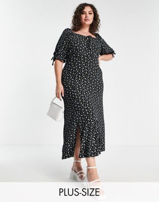 Yours milkmaid maxi dress with side split in black floral