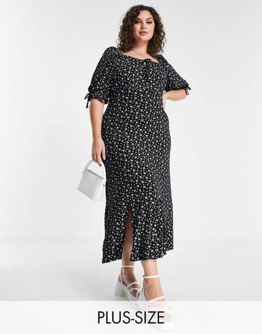 Yours milkmaid maxi dress with side split in black floral | ASOS
