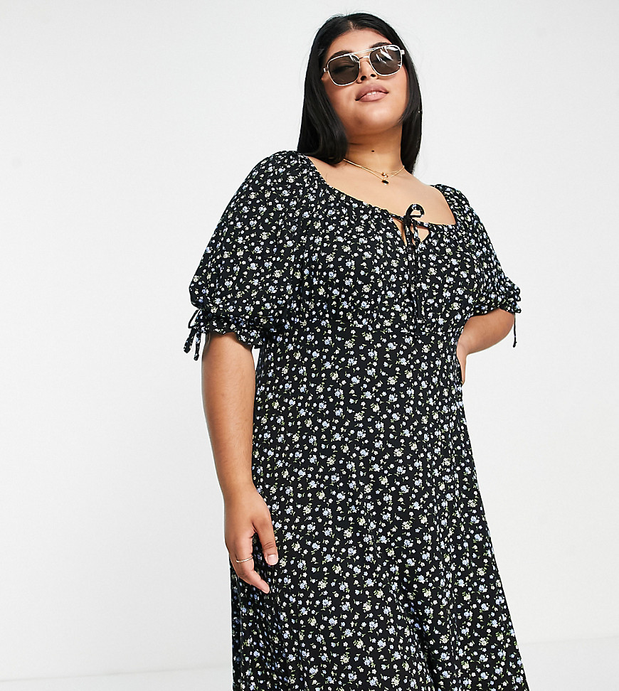 Plus-size dress by Yours Daywear dressing done right Floral print Square neck Tie detail Regular fit