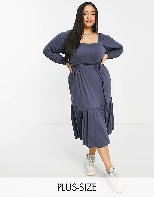Yours milkmaid tiered midi dress in charcoal