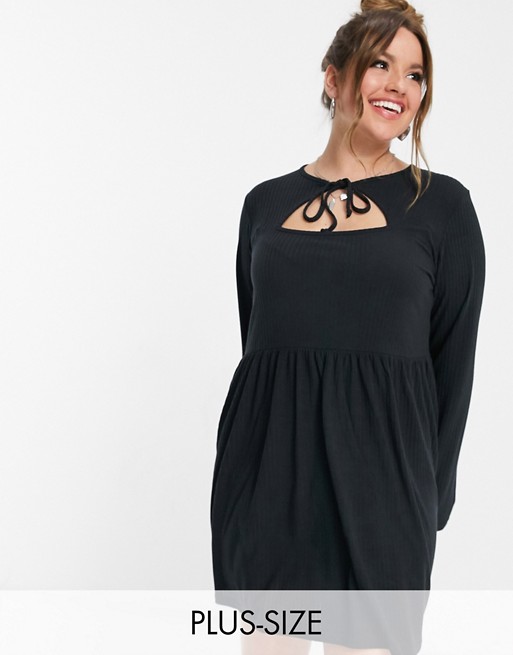 Yours mini smock dress with tie front detail in black