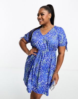Yours Mini Tunic Dress With Tie Sleeve In Blue Ditsy Floral-multi