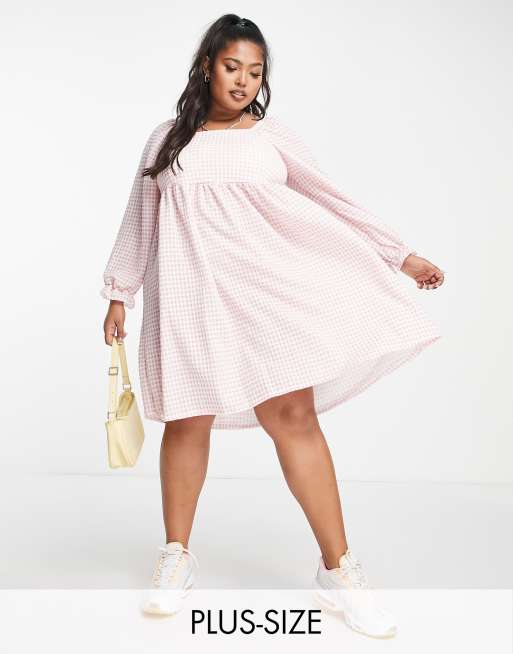 Yours – Minikleid in Rosa kariert mit eckigem Ausschnitt und Puffärmeln
