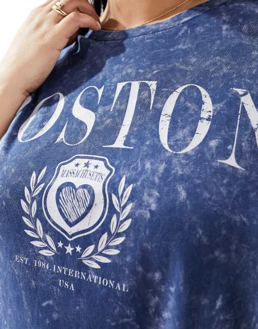 Yours – Niebieski T-shirt oversize z efektem sprania i napisem „Boston“, 2 z 4