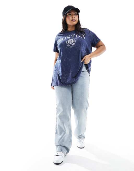 Yours – Niebieski T-shirt oversize z efektem sprania i napisem „Boston“, 3 z 4