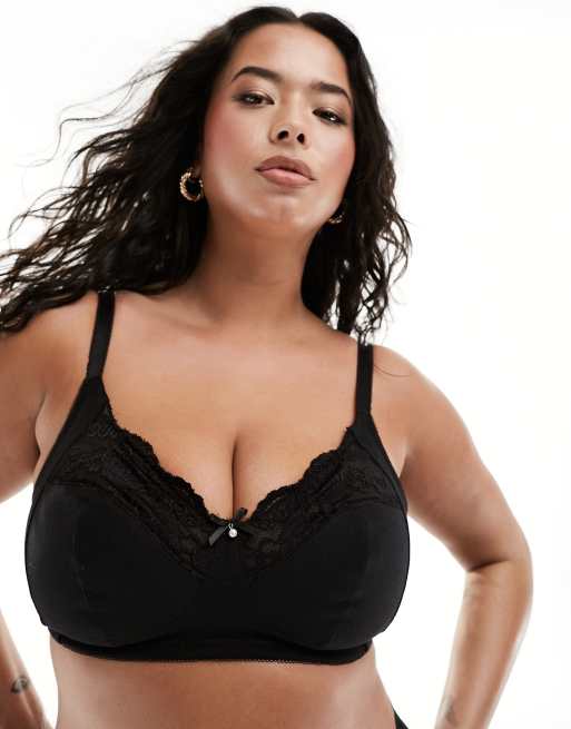 Yours non wire cotton lace trim bra in black