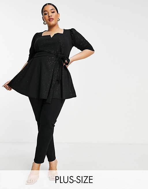 Tops Shirts & Blouses/Yours notch neck glitter peplum top in black 